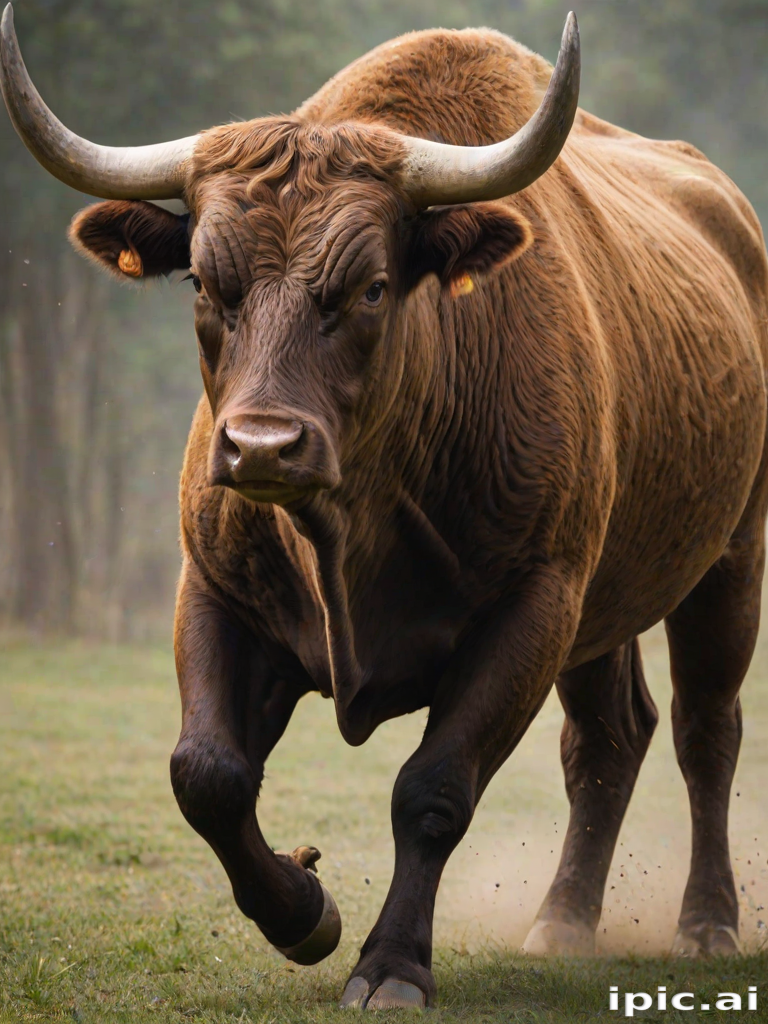 A Majestic Brown Bull Charging Through a Lush Green Field in Nature.