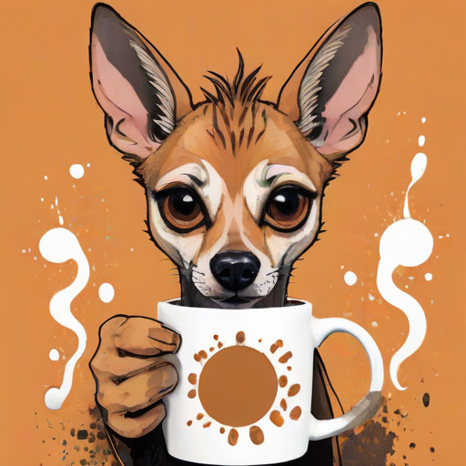 A quirky, artistic illustration of a disheveled cirneco delletna with exaggerated, large eyes and spiky fur, holding a coffee mug that reads "Good Morning". The dog has a tired but humorous expression, with ink splatters and abstract details surrounding it, giving a whimsical feel to the image. The color palette is mostly monochrome with hints of orange in the eyes and steam rising from the mug, enhancing the overall sleepy vibe