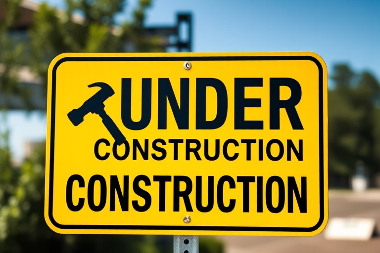 Design a high-resolution yellow sign with bold black text stating "UNDER CONSTRUCTION," featuring a hammer and wrench icon, using a DSLR camera with a 50mm lens, f/1.8 aperture, 1/200 sec shutter speed, ISO 100, shot from eye level in bright daylight to enhance clarity and detail.