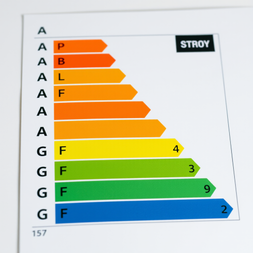 Generate a high-resolution image of a stacked energy efficiency rating chart labeled A to G with vibrant colors from green to red, using a DSLR camera, f/4 aperture, ISO 100, 50mm lens, top-down view with soft lighting.