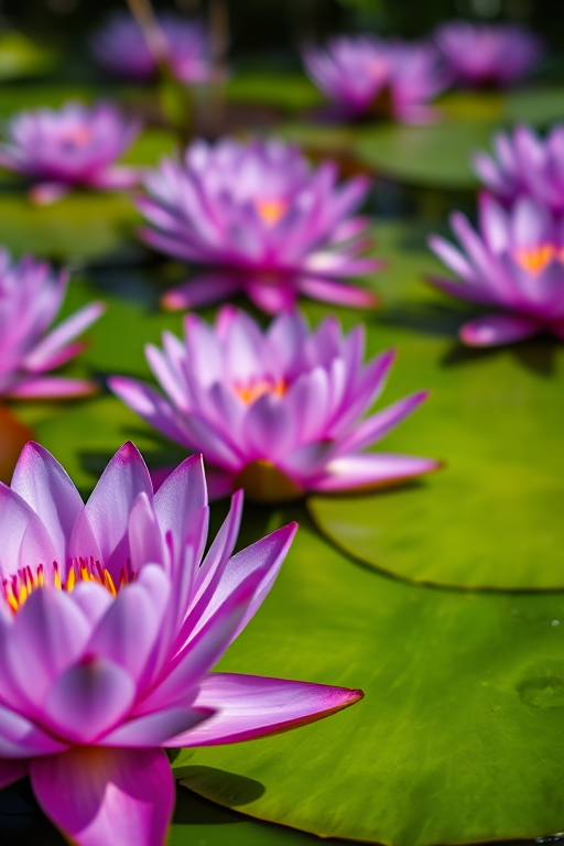 Close-up of purple water lilies on a green pond, captured with a Canon EOS R5, 50mm lens, f/2.8 aperture, 1/200s shutter speed, ISO 100, natural light, vibrant colors, shallow depth of field.