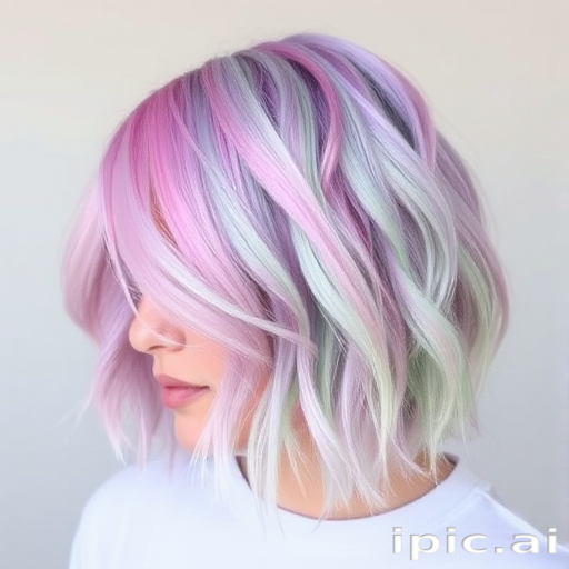 Whimsical Watercolor Bob featuring a soft blend of pastel pink, lavender, and mint green hues in a chin-length cut with tousled, textured waves