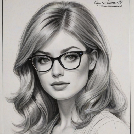 Enticing Katherine McNamara, pencil sketch, portrait of Dazzling woman 1957s in glasses, hair style beatnik, outline, clear lines, fine lines, 8k