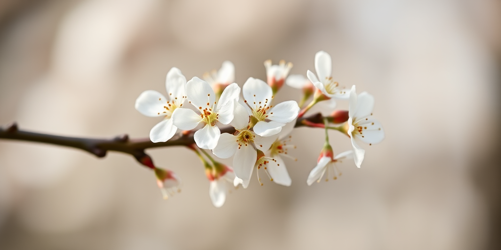 close-up of delicate white flowers on a branch, soft focus background, taken with a macro lens, aperture f/2.8, shutter speed 1/200s, ISO 100, DSLR camera, natural light, high resolution