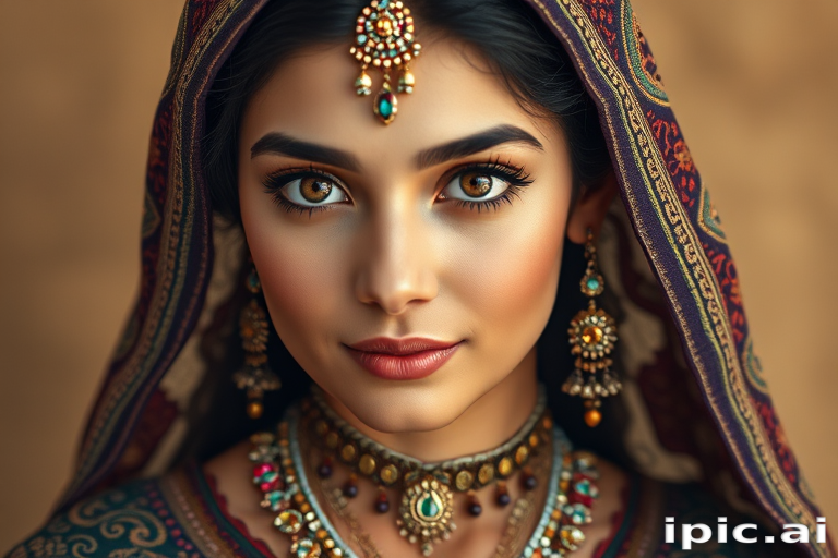 Create a portrait of a beautiful woman with striking hazel eyes and a gentle expression. She is adorned in traditional attire with intricate patterns, including a richly embroidered headscarf and matching garments. Her jewelry includes a delicate headpiece, dangling earrings, and ornate bracelets, all featuring vibrant gemstones and detailed metalwork. The background is soft and warm, enhancing the rich colors of her outfit and jewelry.