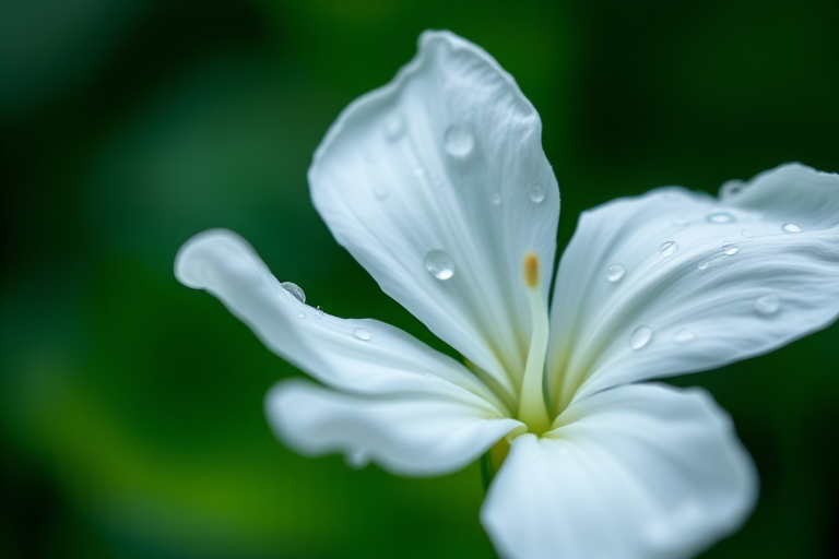 Close-up of a white flower with raindrops on petals, set against a blurred green background, photographed with a Canon EOS 5D Mark IV, 50mm f/1.8 lens, aperture f/2.8, shutter speed 1/200 sec, ISO 200, natural light for enhanced details and clarity.