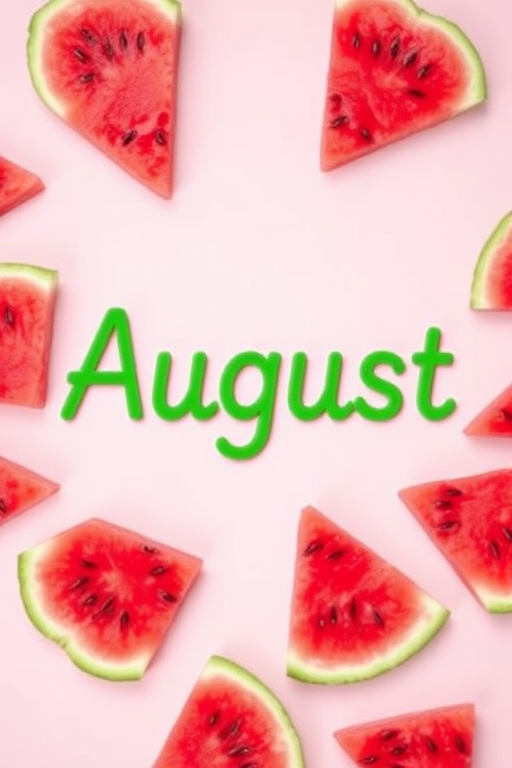 Create a vibrant digital illustration of watermelon slices arranged artistically on a pastel background, featuring the word "August" in bold green lettering, using a Canon EOS R5 camera, f/2.8 aperture, 50mm lens, ISO 100, soft lighting, and top-down view to enhance color saturation and detail.