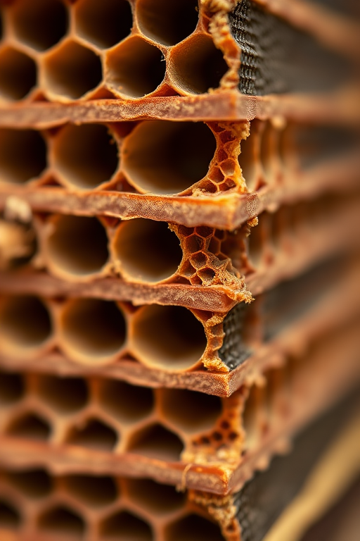 Close-up shot of stacked honeycombs with a shallow depth of field, natural lighting, f/2.8 aperture, 1/200 sec shutter speed, ISO 100, 50mm lens, DSLR camera.