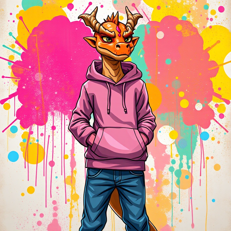 Create a vivid illustration of a dragon-headed character wearing a pink hoodie and blue jeans, standing confidently against a colorful, splattered background, using a DSLR camera with a 50mm lens, aperture f/2.8, ISO 100, and a shallow depth of field for enhanced clarity and detail.