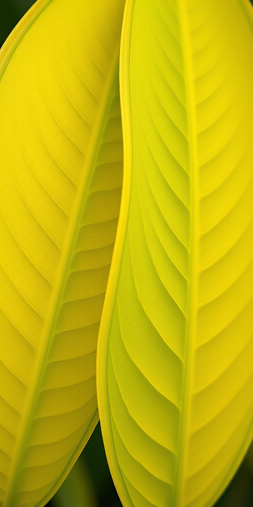 Create a highly detailed close-up image of two vibrant yellow-green leaves with subtle gradients, using a DSLR camera at f/4 aperture, ISO 100, 50mm lens, in natural soft light, focusing on texture and color depth to enhance image quality.
