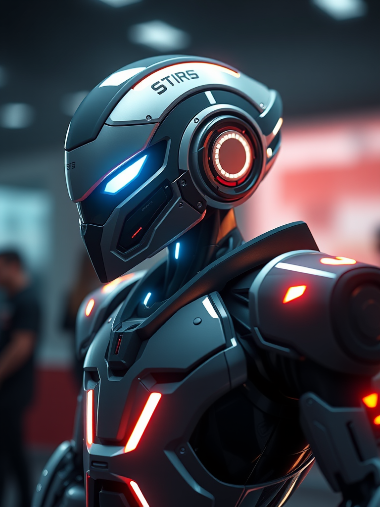 Create a high-resolution image of a stylized character design featuring a sleek, futuristic robot with illuminated accents, captured with a Canon EOS R5, 85mm lens, f/1.8 aperture, ISO 100, in a well-lit studio environment to enhance details and sharpness.