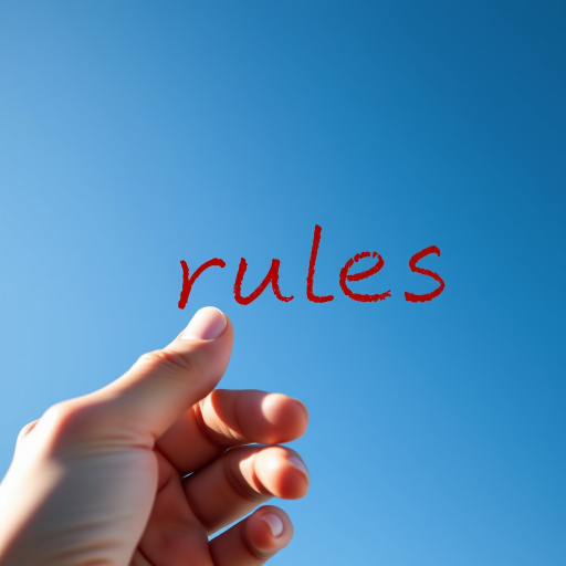 hand holding a red marker writing the word "rules" against a clear blue sky background, shot with a Canon EOS 5D Mark IV, f/2.8 aperture, 1/500 sec shutter speed, 50mm lens, natural light, focus on the hand and marker for clarity