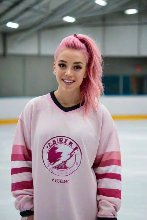 portrait of a Woman, she is posing in an ice rink, wearing a oversized hockey shirt, she has pink hair