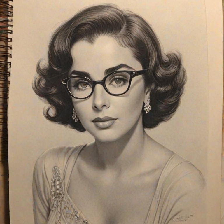 Alluring Elizabeth Taylor, pencil sketch, portrait of Magnificent woman 1928s in glasses, hair style beatnik, outline, clear lines, fine lines, 8k