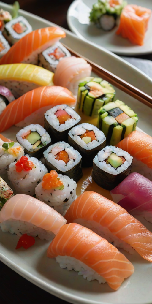 Close-up of a plate of freshly made sushi artfully arranged, with colorful fish and vegetables, soft light reflecting off the glossy surface, and chopsticks poised ready to pick one up.