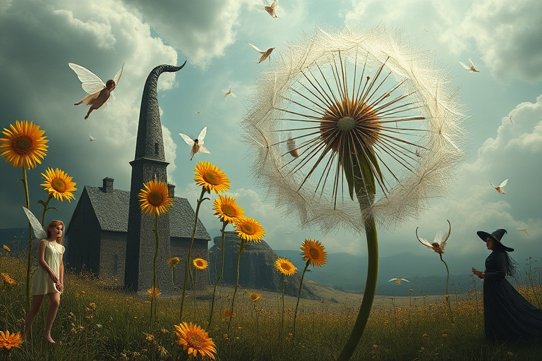 A surreal allegory featuring ethereal fairies, towering sunflowers, and an enigmatic witch, all set within a dreamlike landscape. The scene is dominated by a colossal dandelion, its delicate seeds floating through the air, reminiscent of Yves Tanguy's abstract forms. The environment is a blend of otherworldly elements and natural beauty, with twisted, elongated shapes and surreal colors that evoke a sense of mystery and enchantment.