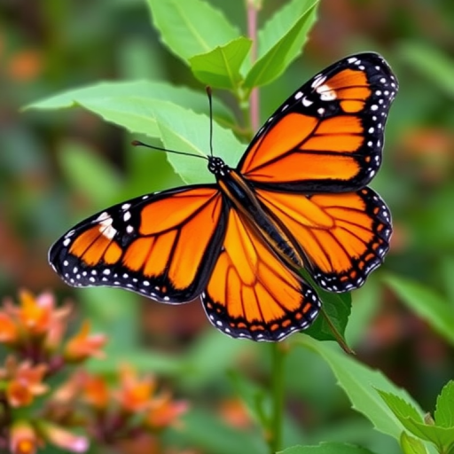 Create an image of a vibrant monarch butterfly perched on a green leaf, showcasing its distinctive orange and black wings against a blurred natural background. The butterfly should be detailed, with clear patterns visible on its wings, and the surrounding foliage should be lush and colorful.