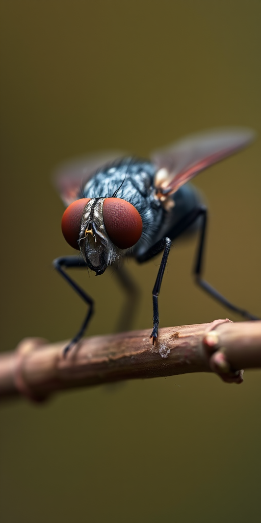 Macro shot of a fly perched on a twig, focusing on intricate details of its body and eyes, shallow depth of field, f/2.8 aperture, ISO 100, 1/200 sec shutter speed, 100mm macro lens, natural lighting.