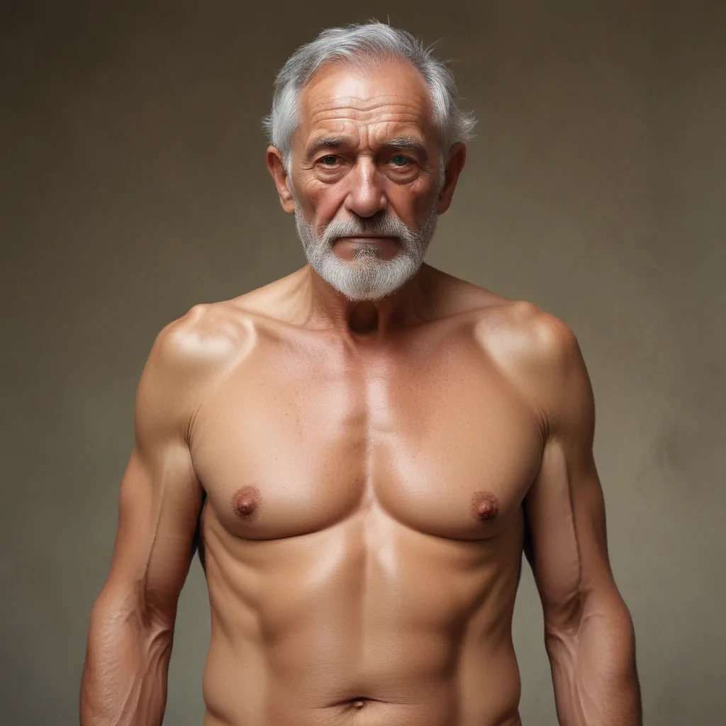 shirtless old man