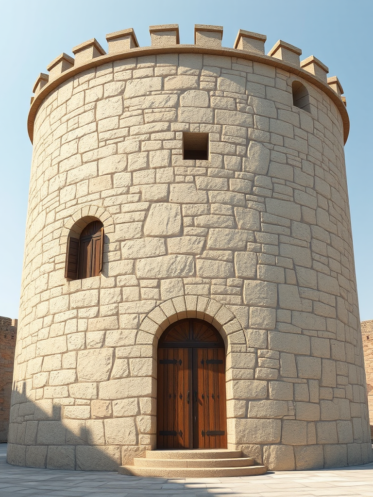 Create a high-resolution digital illustration of a medieval stone tower with a circular base and crenelated top, showcasing two small arched windows with wooden shutters and a large wooden door, captured with a DSLR camera at f/8 aperture, 50mm lens, ISO 100, in a bright, evenly lit environment to enhance details and colors.