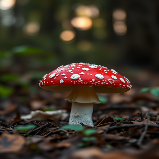 A vibrant red toadstool mushroom with white spots in a forest setting, soft focus background, evening light, shot with a Canon EOS R5, 50mm lens, aperture f/2.8, ISO 200, shallow depth of field.