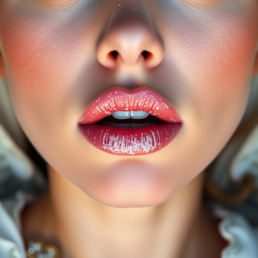 Angelic woman lips enhanced with frosted white shimmer, full face capture evoking ethereal beauty and celestial grace