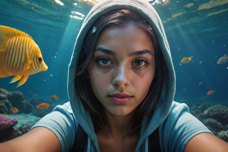 Realistic selfie image of a Nepali, wearing a vintage outfit, detailed dreamy eyes, droopy hooded eyes, staring at the camera, taken underwater at coral reef with a sunbeam filtering through the water, vibrant, summer vacation, natural lighting, turtle and school of tropical fish with vibrant colors, rendered in the style of CryEngine, Pegi Nicol MacLeod, with realistic genre scenes, hauntingly beautiful narratives, ultra-realism, and Thomas Saliot's close-up technique, 8K resolution, crystal clear and sparkling water.