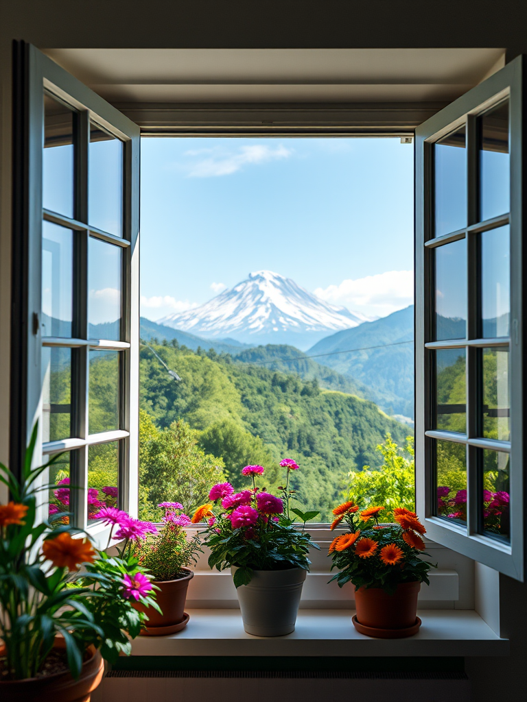 a vibrant studio window scene showcasing a breathtaking mountain view with lush greenery and colorful flowers in pots, soft natural lighting, Canon EOS R5, 35mm lens, f/8, ISO 100, slight tilt-shift effect for depth of field