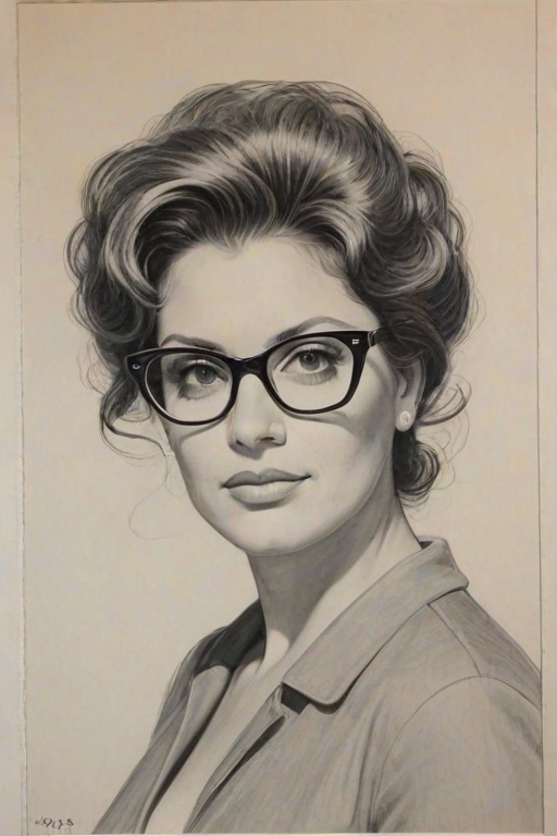 Appealing Aida Turturro, pencil sketch, portrait of Elegant woman 1960s in glasses, hair style beatnik, outline, clear lines, fine lines, 8k