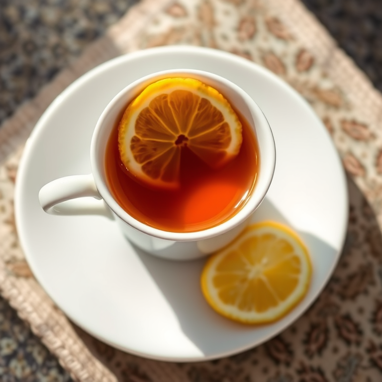 Create a high-resolution image of a white cup filled with tea and a slice of lemon on a white saucer, using a Canon EOS 5D Mark IV, with an aperture of f/2.8, shutter speed 1/200s, ISO 100, focused from a top-down view, in natural light, emphasizing texture and detail.
