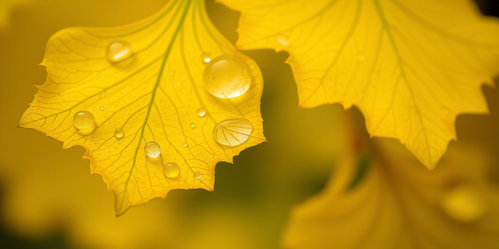 close-up shot of yellow ginkgo leaves with water droplets, shallow depth of field, soft natural light, aperture f/2.8, ISO 100, 50mm lens, macro photography