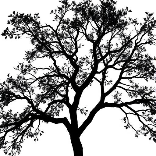Create a high-resolution black silhouette of a tree with intricate branches and leaves against a white background, using a DSLR camera with a 50mm lens, aperture set at f/8, ISO 100, shot from eye level with a slight vignette effect for emphasis.