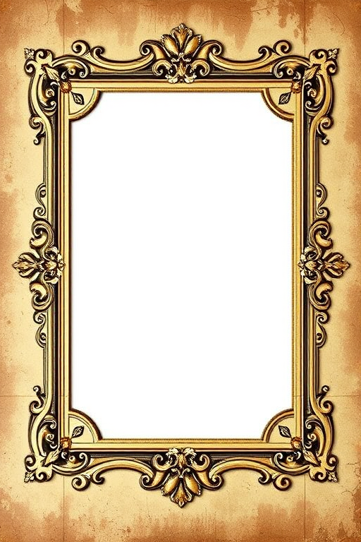 Create a vintage style blank photo frame illustration with ornate borders and a distressed background, using a DSLR camera at f/2.8 aperture, 35mm focal length, and natural lighting to capture detailed textures and warm tones.