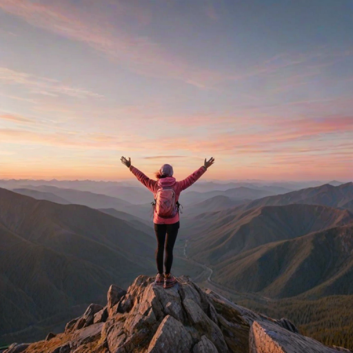 Quiet mountaintop at sunrise, the sky painted with soft hues of pink and orange, a woman in hiking gear stands at the peak, her arms outstretched as she takes in the breathtaking view of the valleys below.