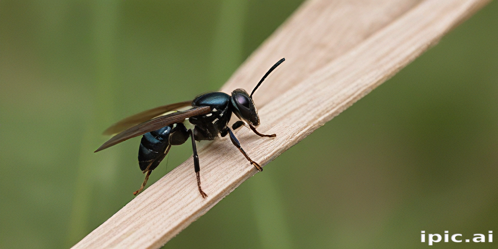 Close-Up of a Glossy Black Insect Resting on a Wooden Stick