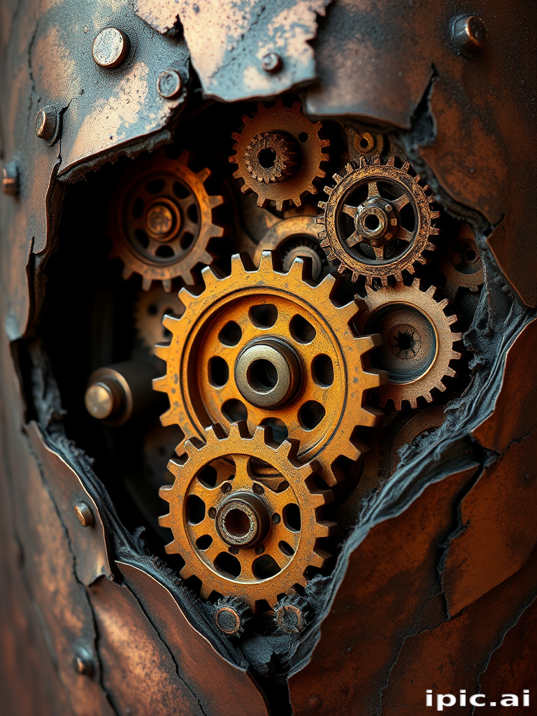 Steampunk-inspired biomechanical gears and cogs revealing inner workings beneath torn skin, metallic copper and bronze coloration