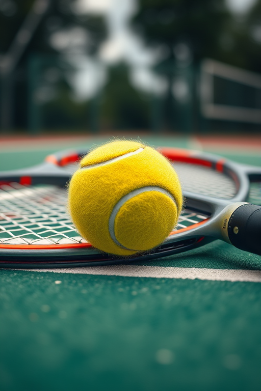 Create a close-up shot of a tennis ball and racquets lying on a court with a blurred background, using a DSLR camera at f/2.8 aperture, ISO 100, shutter speed 1/500s, and a 50mm lens for enhanced depth of field and sharpness.