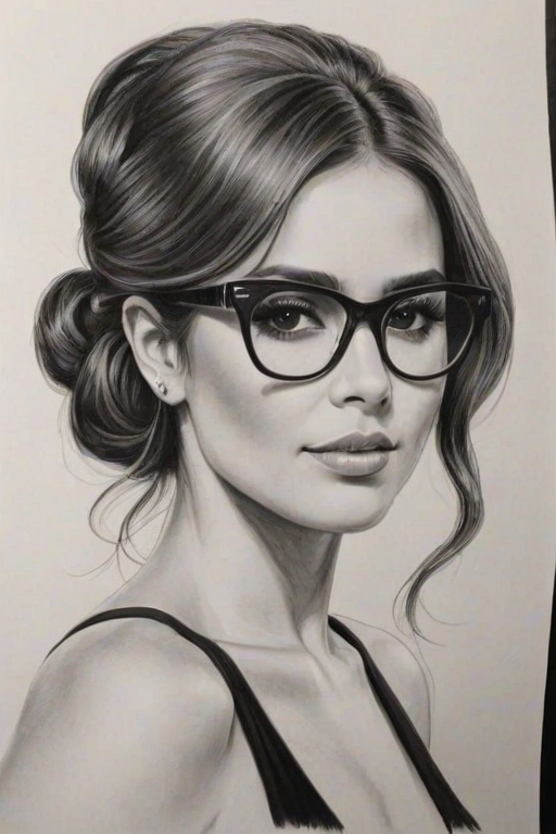 Stunning Cheryl Cole, pencil sketch, portrait of Enticing woman 1920s in glasses, hair style beatnik, outline, clear lines, fine lines, 8k