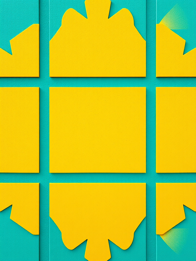Create a vibrant geometric pattern with bright yellow and teal accents, high resolution, shot with a Canon EOS R5, 50mm lens, f/8 aperture, ISO 100, top-down view, and natural light to enhance color saturation and clarity.