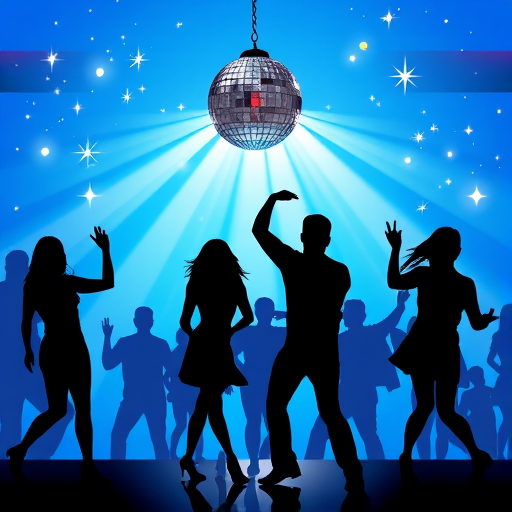 Create an illustration of a disco scene with silhouetted dancers against a vibrant blue background, featuring a sparkling disco ball and twinkling stars, captured with a Canon EOS 5D Mark IV, ISO 200, f/8, 1/60s, using a wide-angle lens to enhance depth and detail.