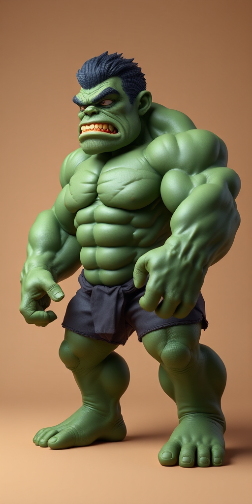 Create a highly detailed 3D model of a hulking green character with exaggerated features, rendered in a low-poly style, shot with a Canon EOS R5 at 50mm focal length, f/8 aperture, ISO 100, soft studio lighting, and an angled view to emphasize muscular details against a smooth beige background.