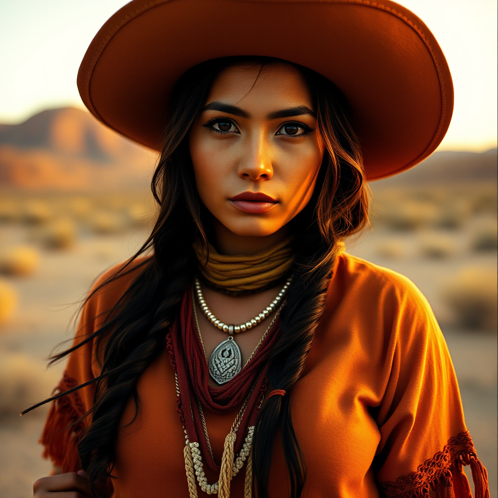 Dramatic photo of a beautiful Quechua woman, classic cowboy attire, confident and free spirit expression, half-length portrait, centered, golden hour desert landscape, warm, diffused light, low angle, medium format film camera, in style of Annie Leibovitz.
