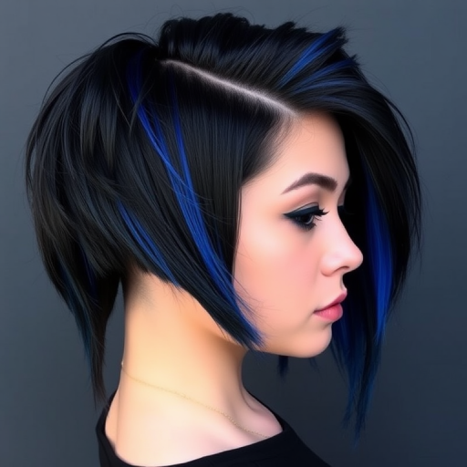 Dramatic jet black hair with electric blue peek-a-boo highlights, styled by Raven Midnight, featuring an edgy undercut design and razor-sharp angles in a modern interpretation of a mullet
