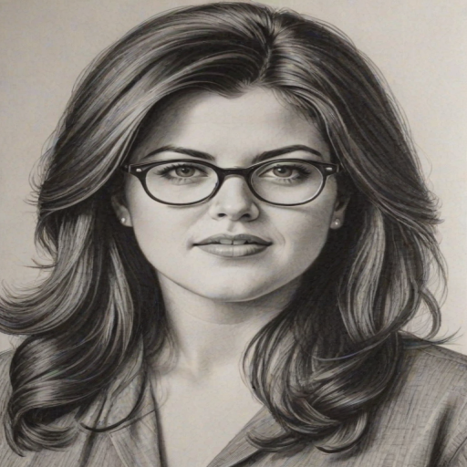 Attractive Monica Lewinsky, pencil sketch, portrait of Dazzling woman 1955s in glasses, hair style beatnik, outline, clear lines, fine lines, 8k