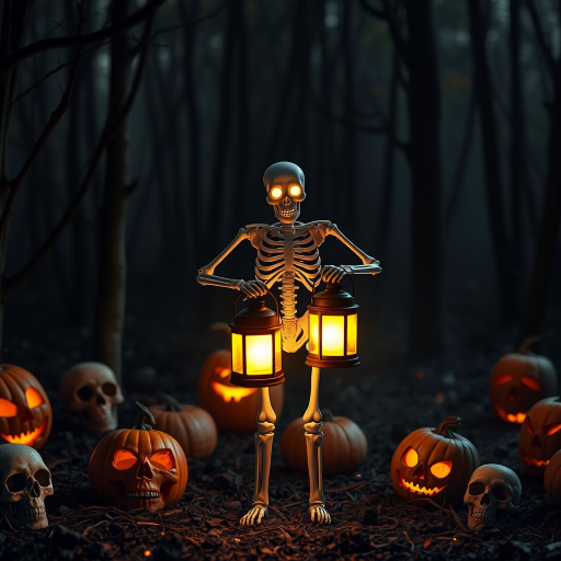 Create a spooky scene featuring a skeleton figure with glowing eyes holding two lanterns that emit an eerie light in a dark forest setting surrounded by carved pumpkins and ominous skulls. The atmosphere should be