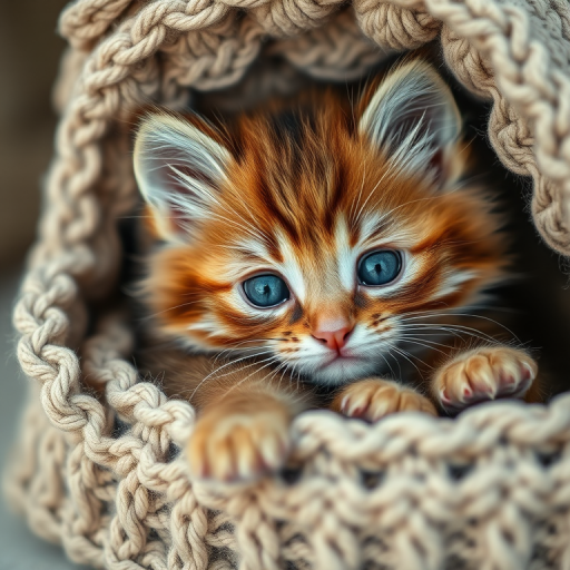 Capture a close-up shot of a fluffy brown kitten with big blue eyes resting in a cozy knitted basket, using a DSLR camera with a 50mm lens, aperture set to f/1.8, ISO 200, and natural soft lighting for enhanced image quality.