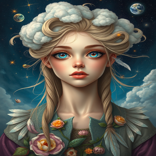 Create a series of imaginative portraits where each subject is infused with elements of fantasy and nature. The hair of the individuals should flow like clouds, varying from soft, fluffy cumulus to wispy cirrus strands, with hints of color reflecting a sunset or a clear blue sky. The eyes should be windows to entire galaxies, with stars, nebulae, and distant planets visible within them. Clothing should be adorned with nature motifs, such as floral patterns that bloom and change, vines that seem to grow and wrap around, or feathers that shimmer with iridescence. Each portrait should capture a unique personality, blending human features with the ethereal beauty of the natural and cosmic world. The backgrounds can vary, from starry night skies to enchanted forests, adding depth and context to the magical realism of the portraits