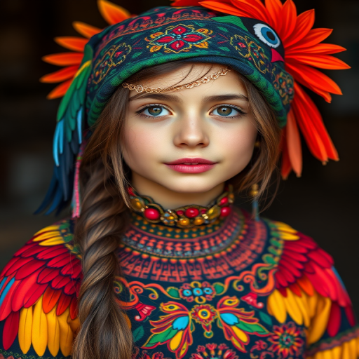 A beautiful Turkish girl, wearing colorful bird clothing with vibrant colors