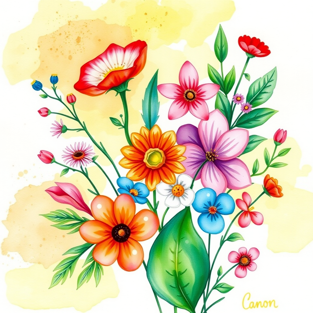 Create a vibrant watercolor illustration of assorted floral and leafy elements with a bright and colorful background, using a Canon EOS R5 camera with a 50mm lens, f/1.8 aperture, ISO 100, shot in natural light for enhanced image quality.