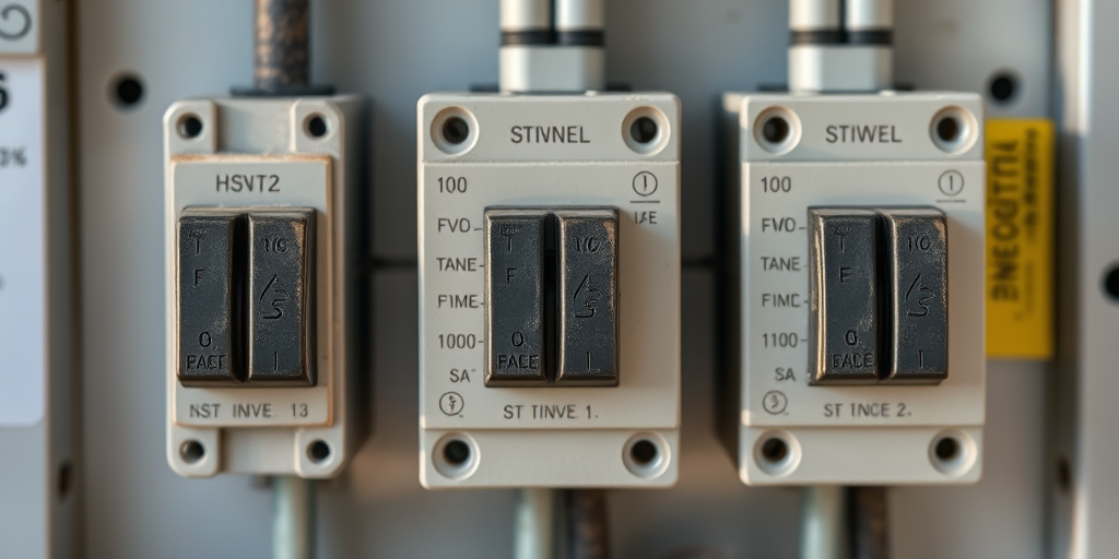 Create a high-resolution image of three circuit breakers labeled with their settings, using a macro lens with a focal length of 100mm, aperture set to f/2.8, ISO 100, and natural lighting from the left side to enhance detail and clarity.